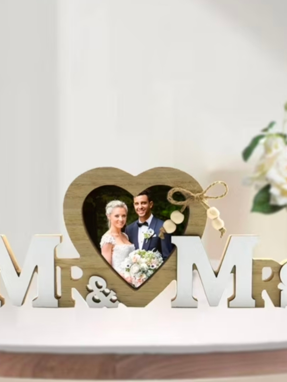 Mr & Mrs Wooden Heart Photo Frame - White and Natural Wood